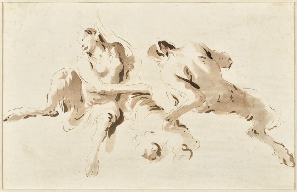 Giovanni Battista Tiepolo (1696-1770), Faune et faunesse tenant une corne d'abondance. Plume, lavis d'encre brune sur traits de pierre noire sur papier vergé filigrané, 23,1 x 35,9 cm. 