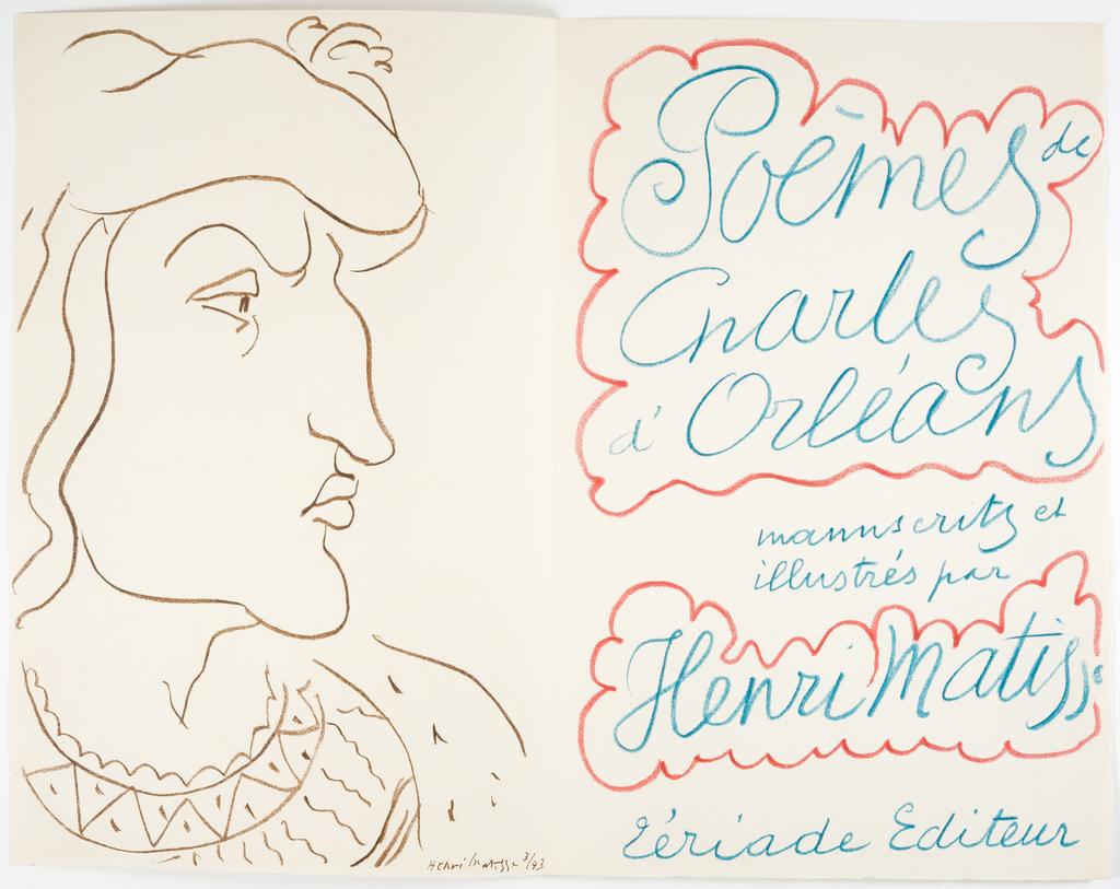 Henri Matisse (1869-1954), Poèmes de Charles d’Orléans, frontispice et page de titre, 1950, lithographie sur Velin d’Arches, 41,6 x 54,6 cm, don Alice Tériade, 2000, musée départemental Matisse, Le Cateau-Cambrésis.