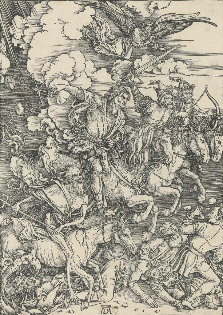 Albrecht Dürer (1471-1528), L’Apocalypse, planche 5 : Les Quatre Cavaliers de l’Apocalypse, édition latine de 1511. BnF, département des Estampes et de la photographie.