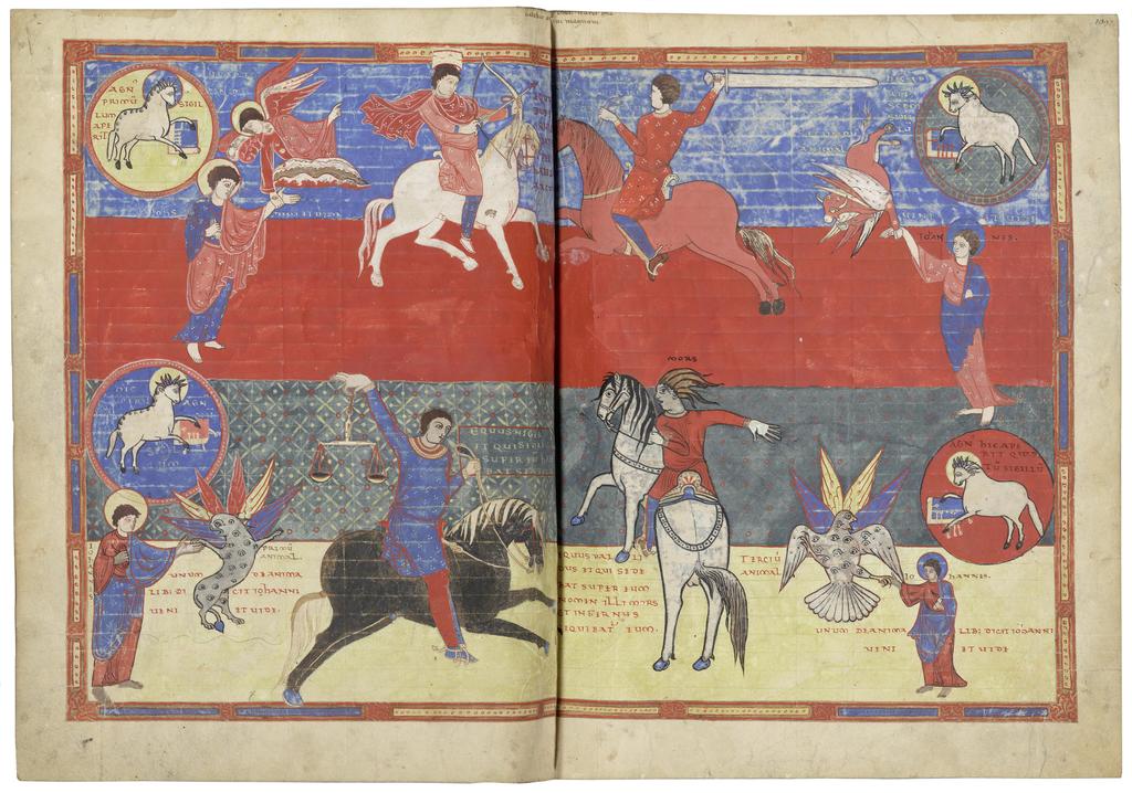 Beatus de Saint-Sever, Les Quatre Cavaliers de l’Apocalypse, Gascogne (Saint-Sever), troisième quart du XIe siècle (avant 1072). Manuscrit peint sur parchemin. Paris, BnF, département des Manuscrits. 