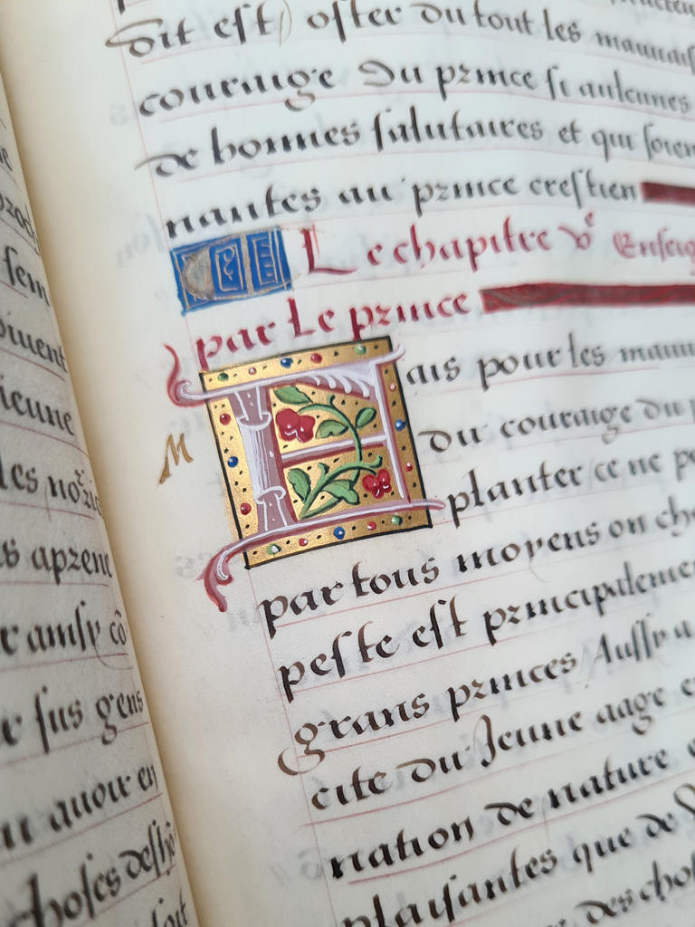 Érasme, Education et instruction du prince crestien, vers 1525 : initiale erronée, corrigée en marge. Chantilly, Bibliothèque du musée Condé, ms 2500. 
