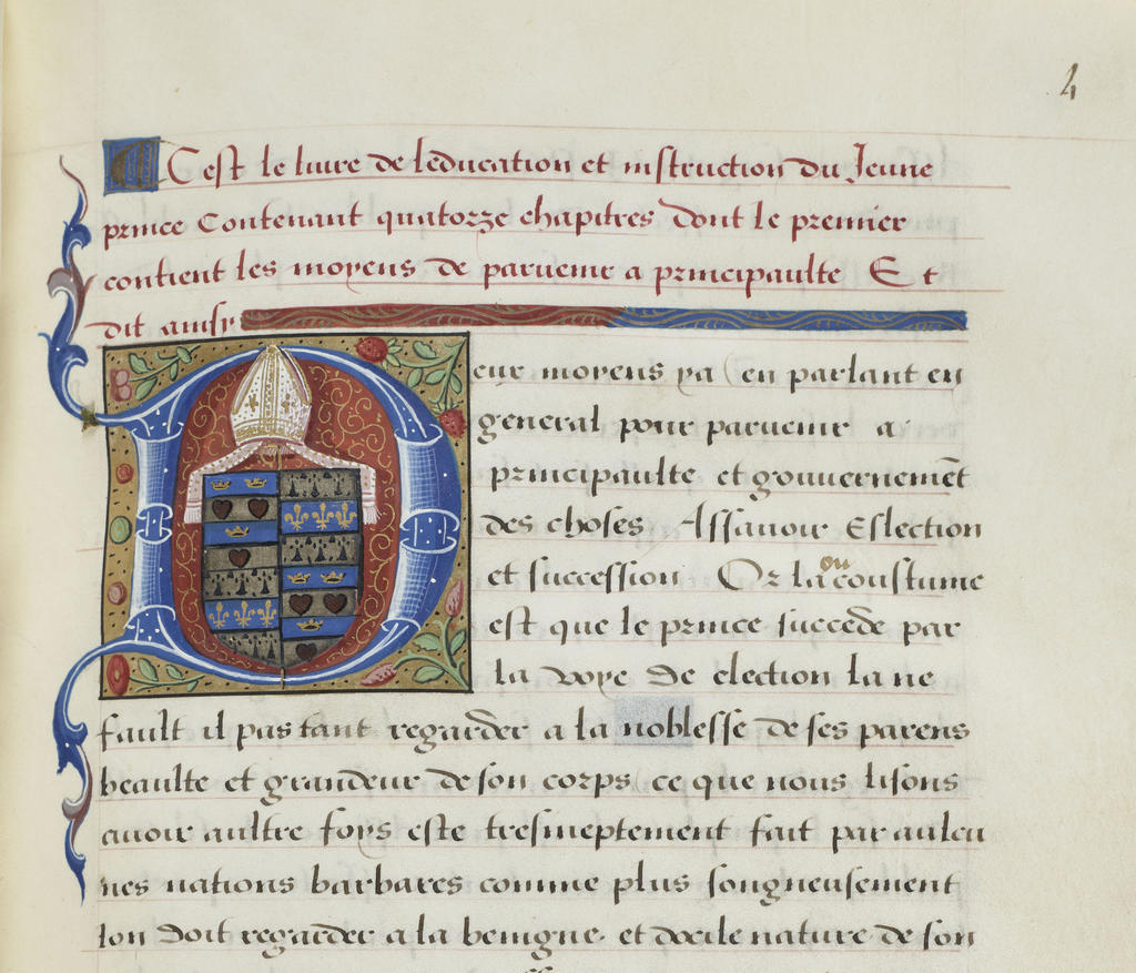 Érasme, Education et instruction du prince crestien, vers 1525 : début du texte (initiale ornée aux armes de l’abbé Guy de Baudreuil), Chantilly, Bibliothèque du musée Condé, ms 2500, f. 4. 