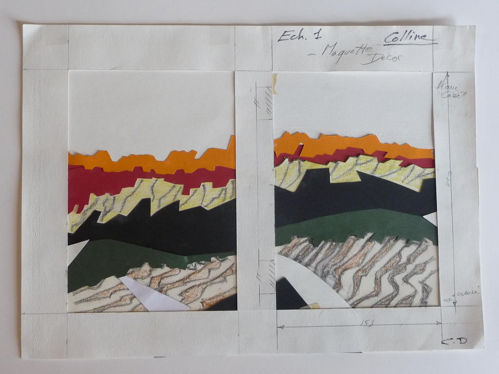 Jean Giono, Colline, maquette du décor : papier Canson de couleur et pastel.
