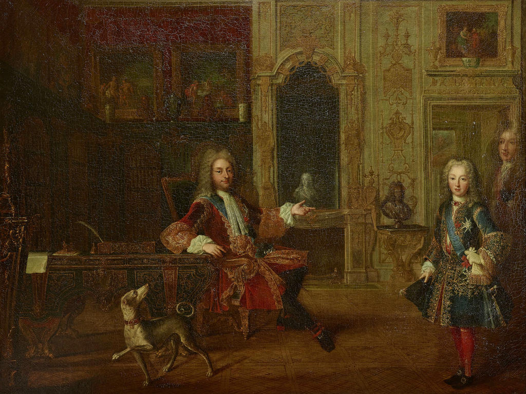 Anonyme français, Philippe, duc d’Orléans, régent de France (1674-1723), représenté dans son cabinet de travail avec son fils le duc de Chartres, vers 1715. Huile sur toile, 103 x 138 cm. Versailles, châteaux de Versailles et de Trianon.