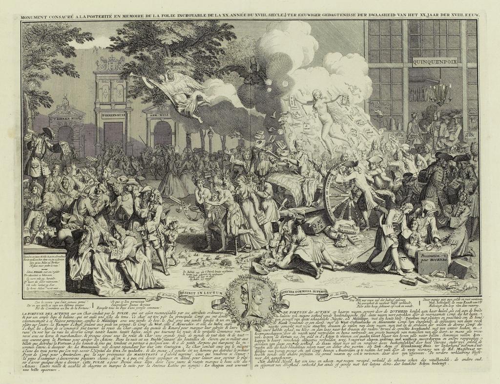 Bernard Picart (1673-1733), Monument consacré à la postérité en mémoire de la folie incroyable de la XXe année du XVIIIe siècle, 1720. Estampe, 25,9 x 27,8 cm. Paris, musée Carnavalet – Histoire de Paris. 