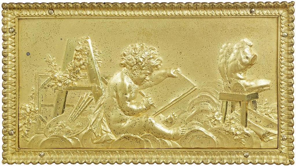 Attribuée à N.-A. ou Fr.- A. Damerat, frise allégorique à la peinture, sur la paroi latérale du secrétaire à cylindre de Marie-Antoinette en 1784. Paris, musée du Louvre. 