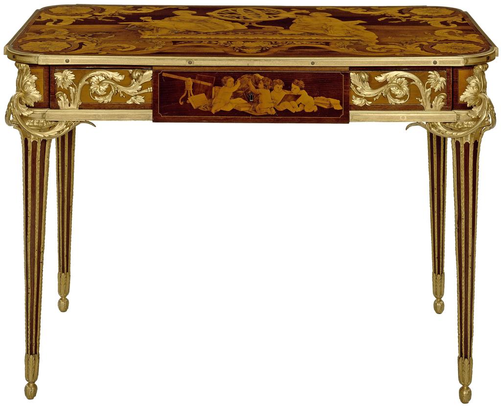 J.-H. Riesener (1734-1806), table de Fontanieu exécutée en 1771 avec, sur le plateau, une des allégories à l’astronomie. Versailles, musée du château, en dépôt à l’hôtel de la Marine. 