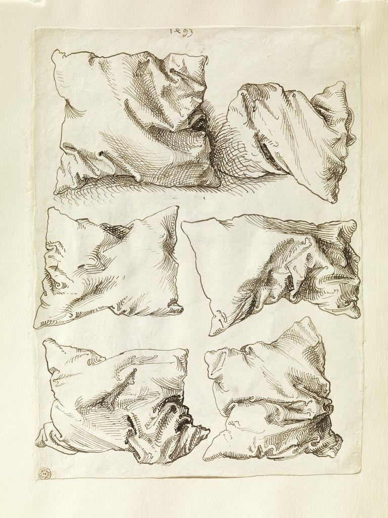 Albrecht Dürer, Six études d'oreiller, 1493. Plume et encre noire, 27,8 x 20,2 cm. New York, Metropolitan Museum of Art.