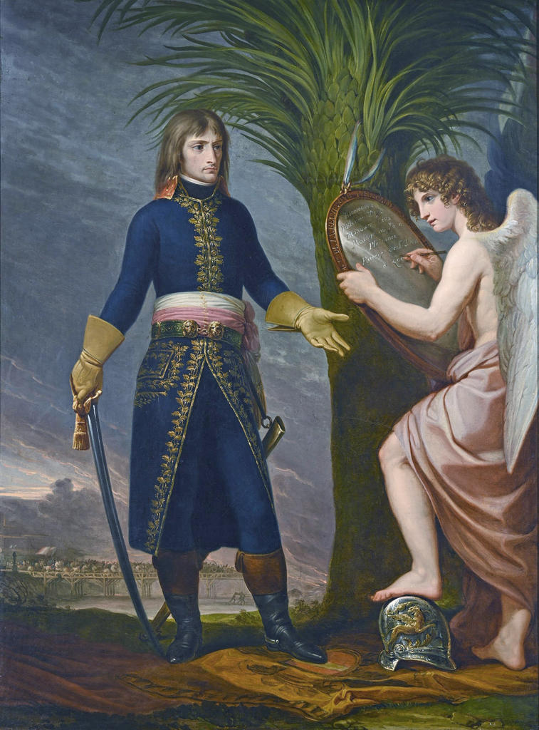 Andrea Appiani (1754-1817), Le général Bonaparte et le Génie de la Victoire gravant ses exploits à la bataille du pont de Lodi, 1796. Huile sur toile, 96 x 76 cm. Collection particulière. 