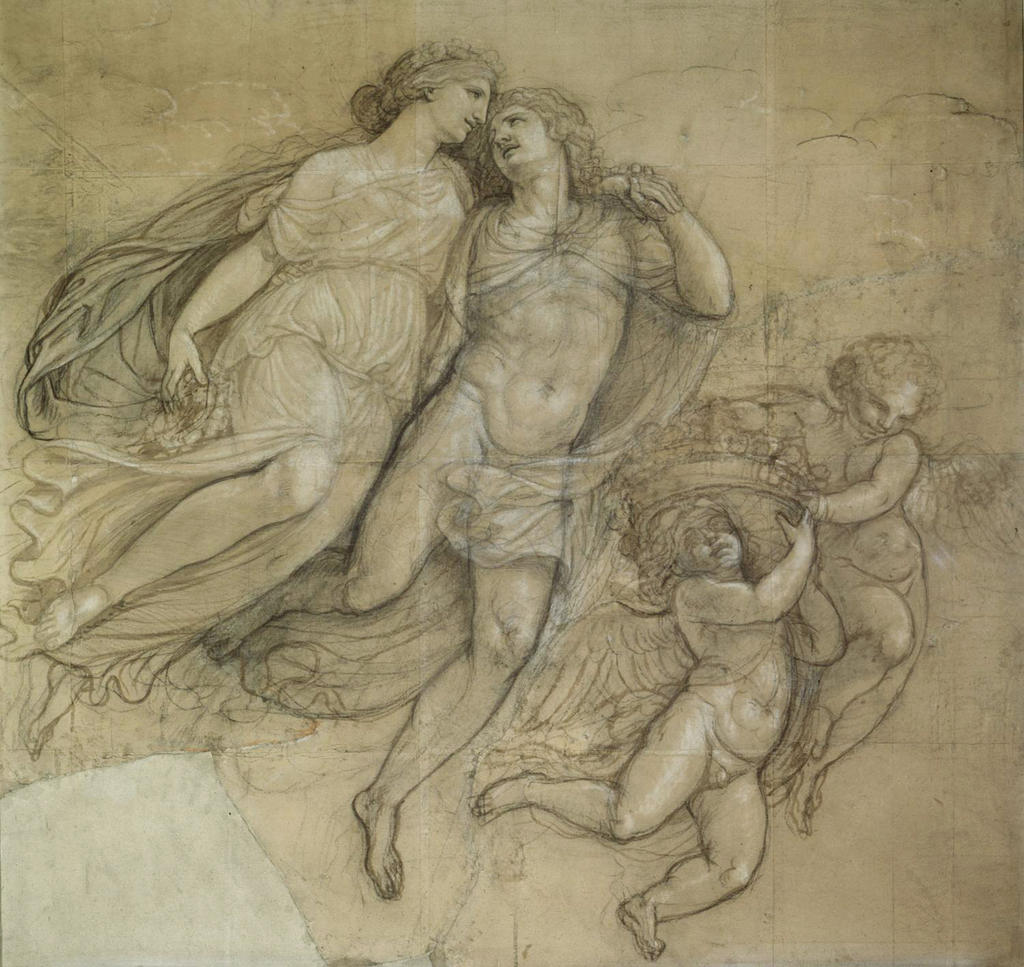 Andrea Appiani (1754-1817), Zéphyr et Flore, 1792. Lavis, crayon noir, fusain et rehauts blancs à la gouache sur papier préparé beige, mis au carreau, 155 x 160 cm. Milan, Galleria d’Arte Moderna. 