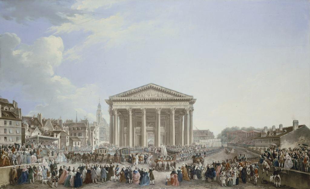 Pierre Antoine Demachy, Cérémonie de la pose de la première pierre de la nouvelle église Sainte-Geneviève, le 6 septembre 1764, 1765. Huile sur toile, 81 x 129 cm. Paris, musée Carnavalet – Histoire de Paris. 