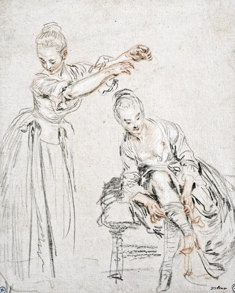 Antoine Watteau, Deux études de femmes. Trois crayons, 26 x 20,5 cm. Stockholm, Nationalmuseum. 