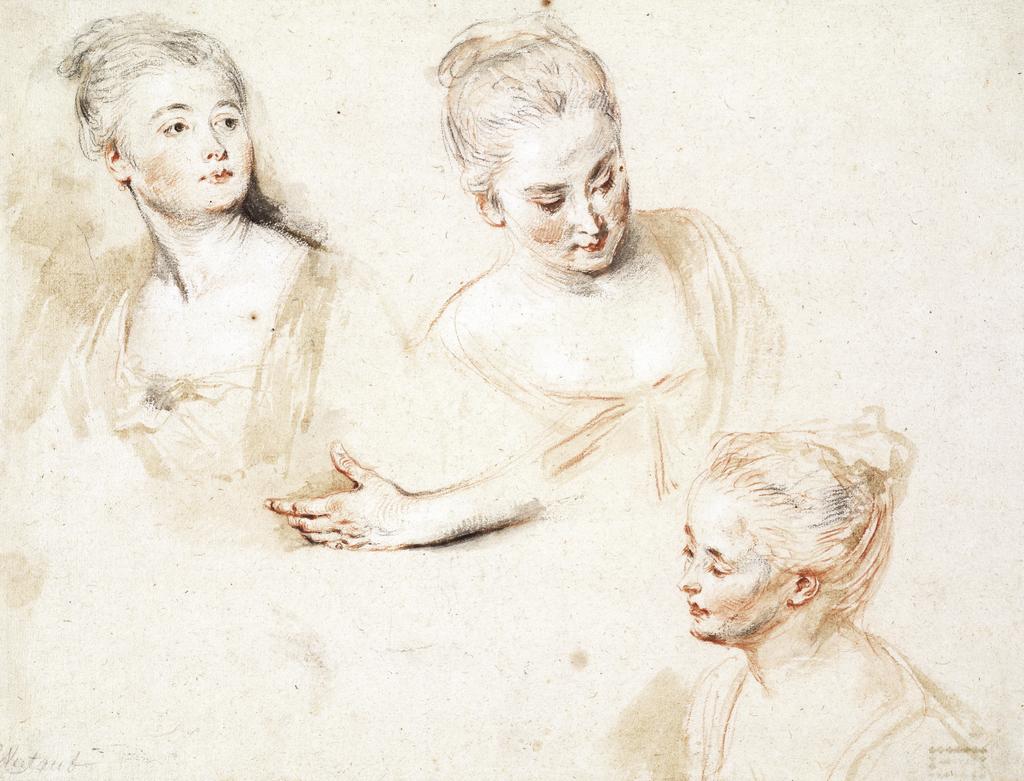 Antoine Watteau, Étude de têtes de femmes, vers 1718-1719. Trois crayons, pinceau, lavis brun, gris et sanguine, 26,3 x 34,5 cm. Haarlem, Teylers Museum. 