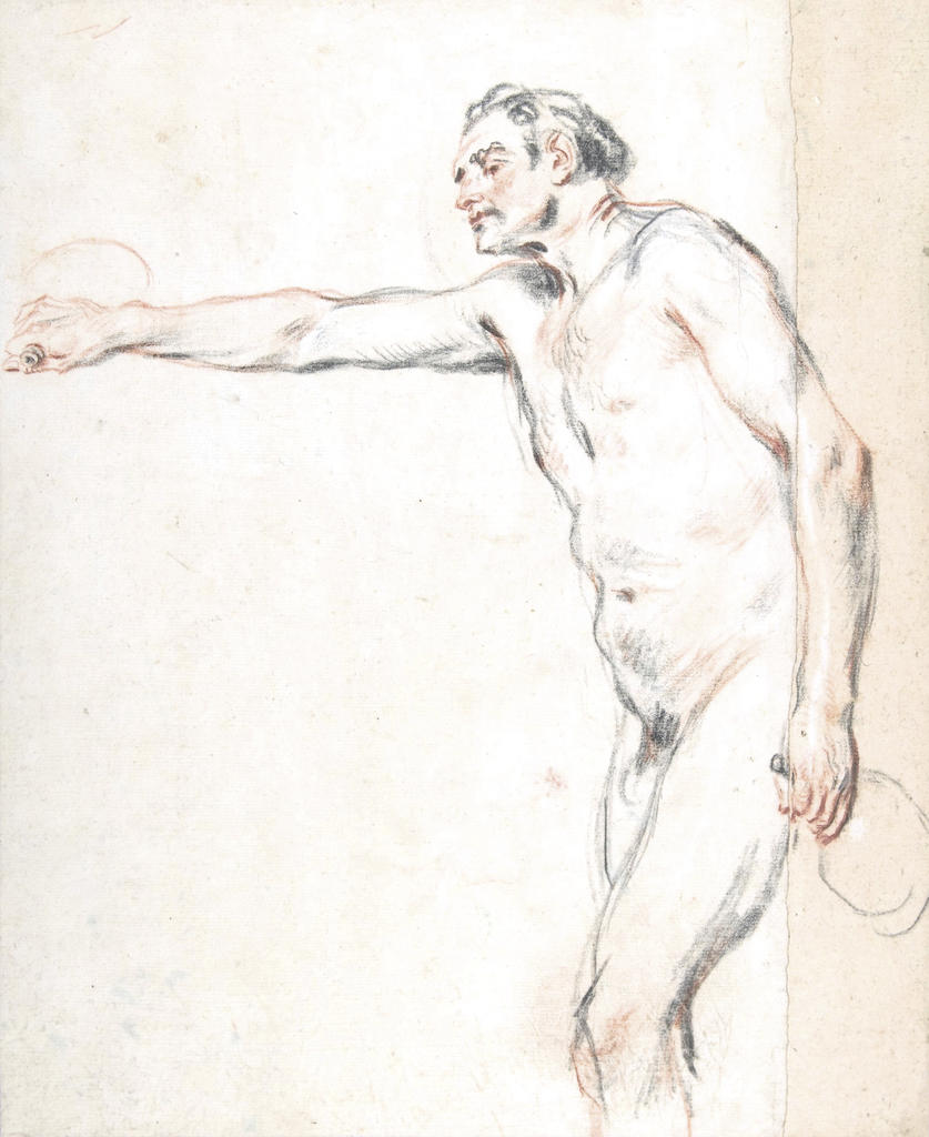 Antoine Watteau, Homme nu tourné vers la gauche, vers 1715-1716. Étude pour un satyre. Sanguine, pierre noire, rehauts de blanc, 27 x 22,6 cm. New York, The Metropolitan Museum of Art. 