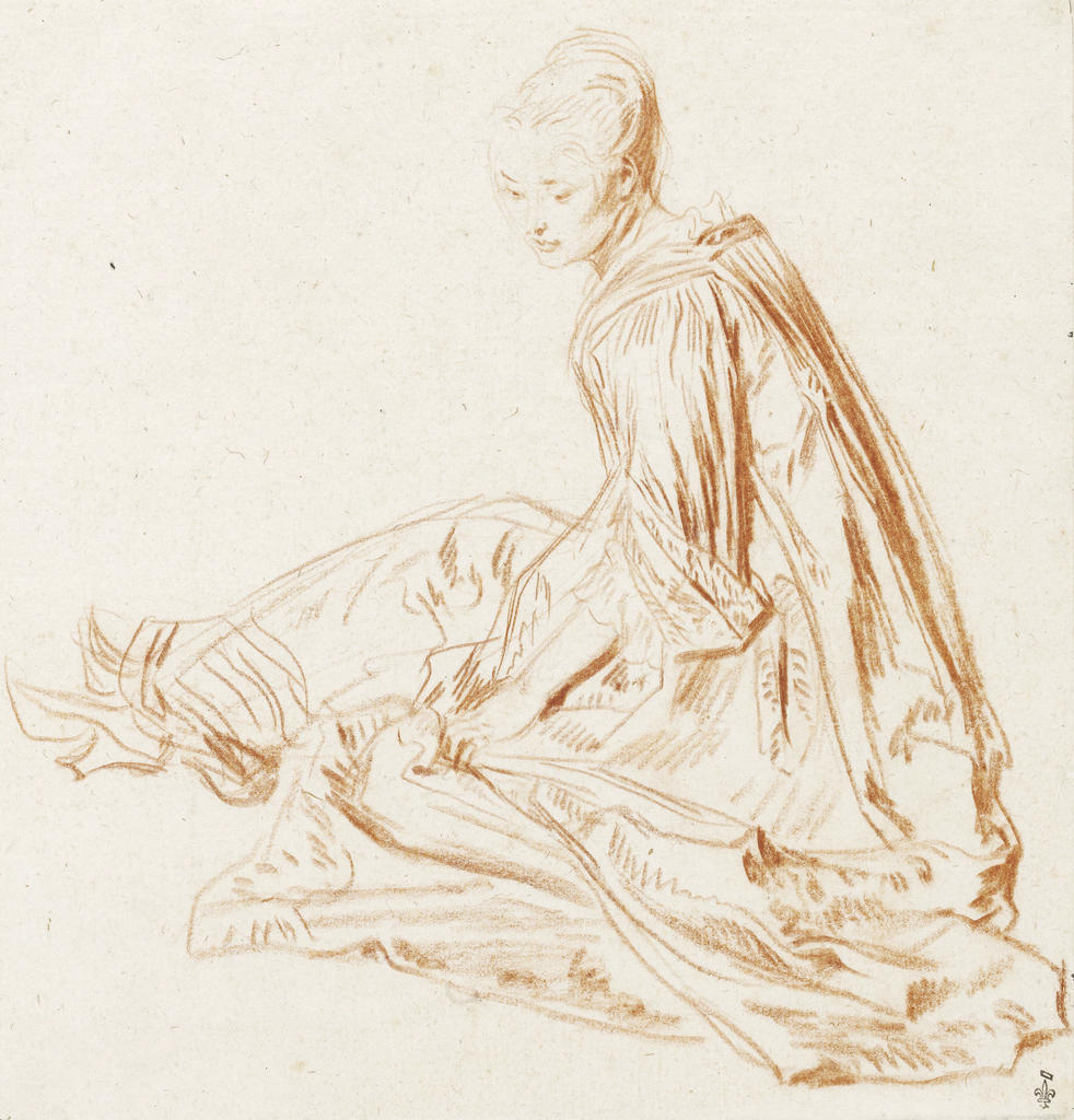 Antoine Watteau, Jeune femme assise, vers 1715‑1716. Sanguine, 20,3 x 19,3 cm. Chantilly, musée Condé.
