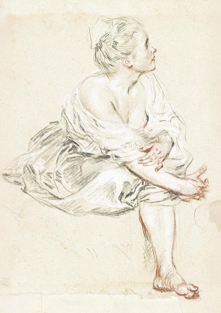 Antoine Watteau, Jeune femme assise, vers 1716-1717. Trois crayons, 25,5 x 17,2 cm. New York, The Morgan Library & Museum.