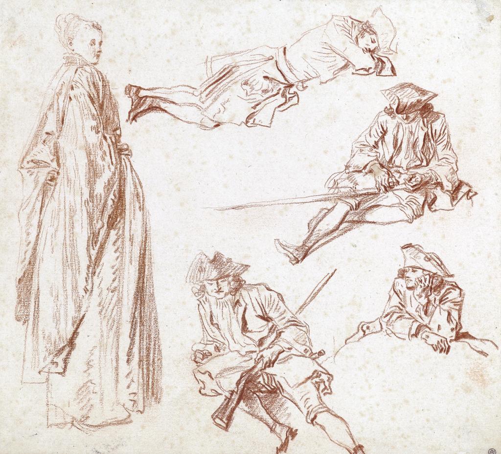 Antoine Watteau, Quatre études de soldats au repos et une femme debout, vers 1712-1713. Sanguine, 17,9 x 19,8 cm. Rotterdam, Museum Boijmans Van Beuningen, dépôt de la fondation Museum Boijmans Van Beuningen (ex‑Koenigs collection). 