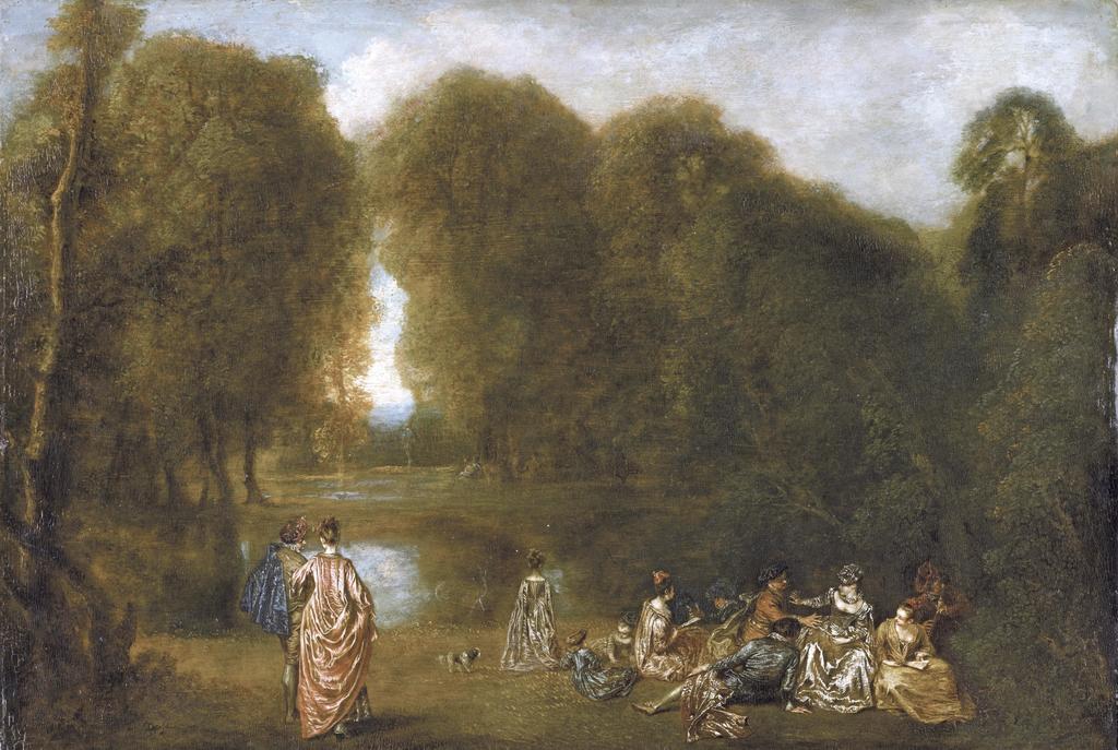 Antoine Watteau, Assemblée dans un parc, vers 1716-17. Huile sur toile, 32,5 x 46,5 cm. Paris, musée du Louvre.