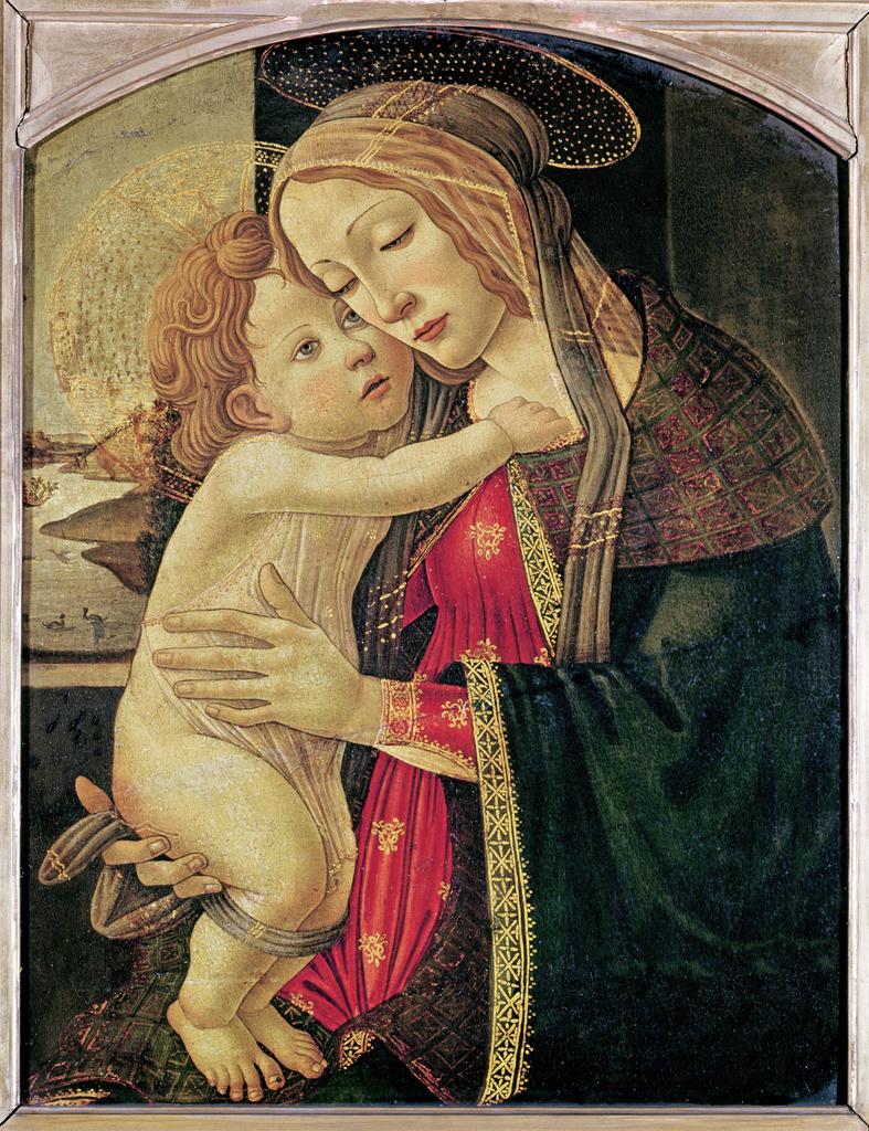 Atelier de Botticelli (1445-1510), La Vierge et l’Enfant, vers 1500. Peinture sur bois, 62,5 x 46,6 cm. Lille, palais des Beaux-Arts. Ce tableau est le premier à avoir rejoint les collections du Louvre sous une attribution à Cimabue au début du XIXe siècle.