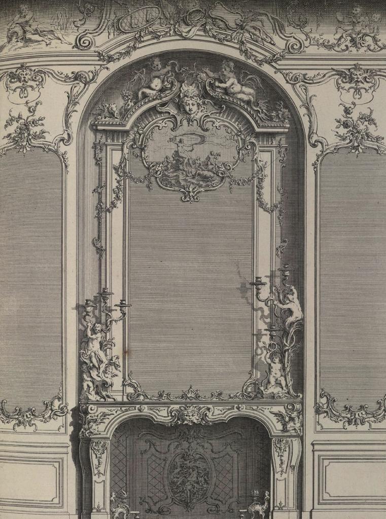 Jacques-François Blondel, d’après Nicolas Pineau, Décoration de Cheminée, accompagnée d’un riche lambris, propre pour une Gallerie. À Paris chez Mariette rue S. Jacques aux Colonnes d’Hercules. Planche 2 de la série Décoration de Cheminée pour un grand Apartement, tirée de J. Mariette, Architecture Françoise, t. III, Paris, 1738. Eau-forte, 33 x 23 cm. Paris, bibliothèque de l’INHA.