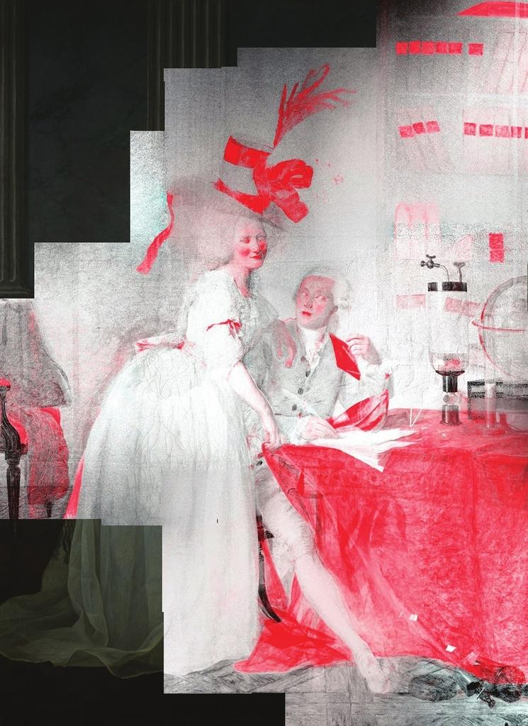 Cartographie en macro-spectrométrie de fluorescence X du portrait du couple Lavoisier par David. Elle révèle les peintures cachées, les zones rouges correspondant au pigment rouge vermillon et le blanc au blanc de plomb.