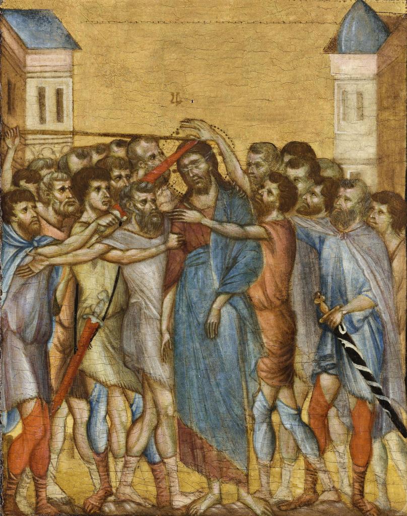Cenni di Pepo, dit Cimabue, La Dérision du Christ, vers 1285-1290. Peinture sur bois (peuplier), 25,8 x 20,3 cm. Paris, musée du Louvre. 