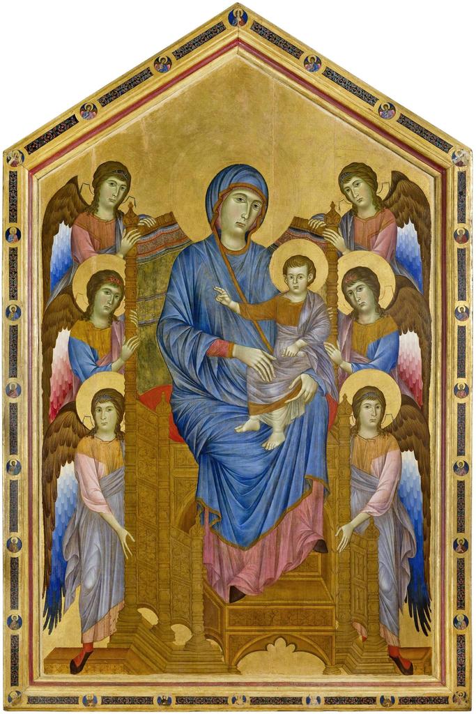 Cenni di Pepo, dit Cimabue (vers 1240-1301/1302), La Vierge et l’Enfant en majesté entourés de six anges (Maestà), vers 1280-1285. Peinture sur bois de peuplier, 424 x 276 cm. 