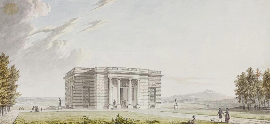 Vue du pavillon de Louveciennes, vers 1780. Plume et encre noire, aquarelle, 18 x 39,2 cm. Londres, British Library. 