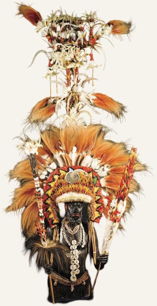 Couvre-chef de cérémonie, Papouasie-Nouvelle-Guinée, fin XIXᵉ -début XXᵉ siècle. Plumes, fibres végétales, bois, coquillage, os, 273 x 102 x 93 cm. États pontificaux du Vatican, musées du Vatican.