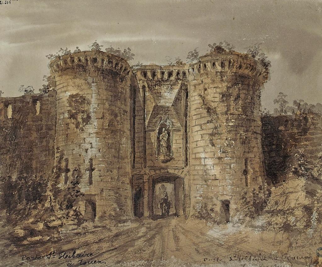 Dessin de la porte Saint-Hilaire peu avant sa destruction à la fin du XVIIIe siècle. P. Lemarchand dans la collection Louis Deglatigny. Bibliothèque municipale de Rouen. Est. T. Degl. 317.