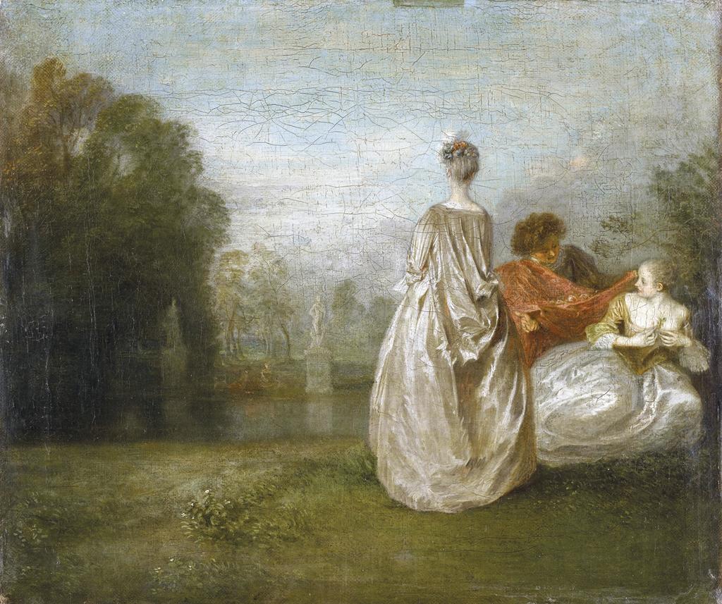 Antoine Watteau, Les Deux Cousines, vers 1719-20. Huile sur toile, 30,5 x 36 cm. Paris, musée du Louvre.