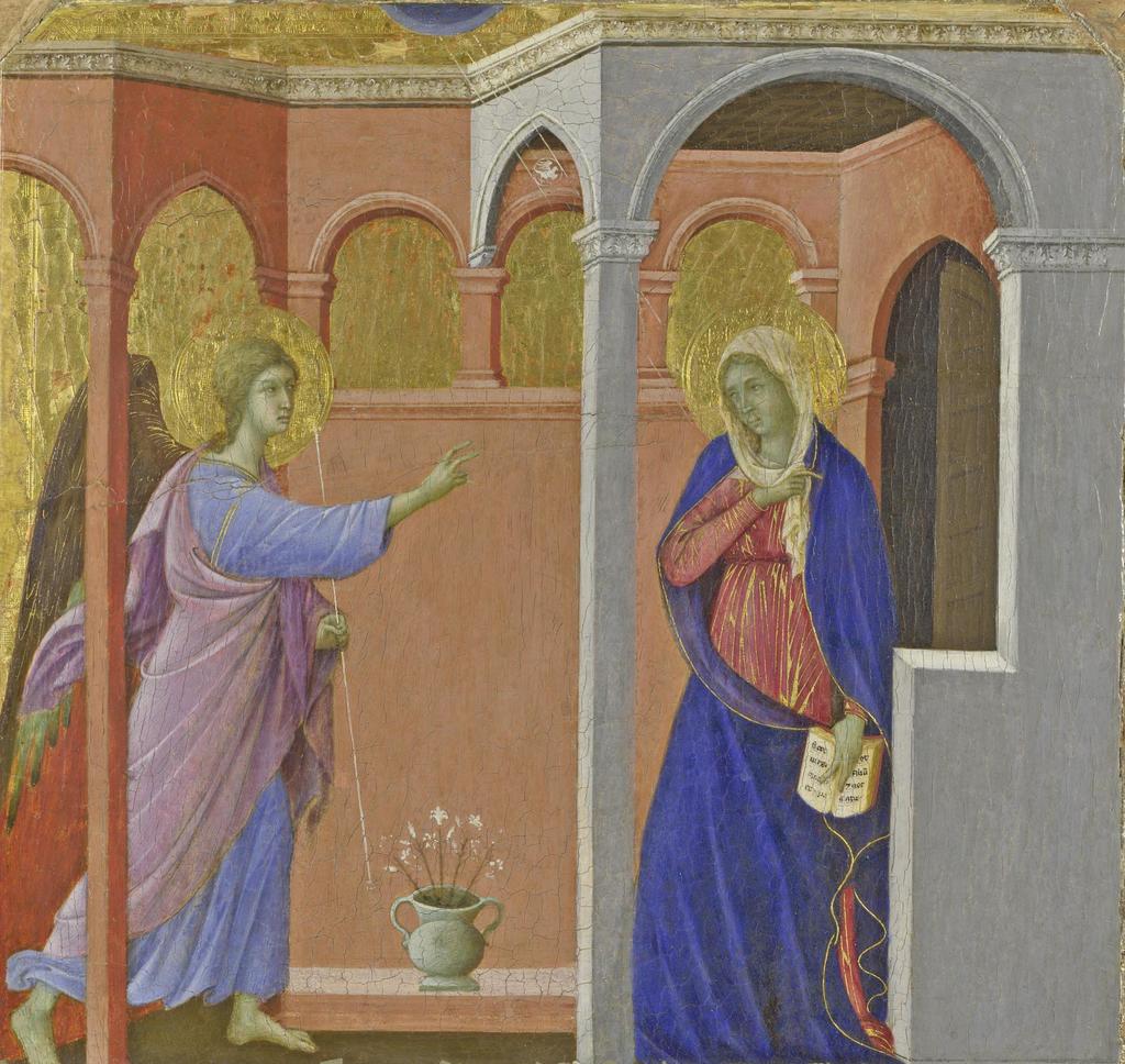 Duccio (actif à partir de 1278, mort en 1319), L’Annonciation (détail), panneau provenant de la prédelle de La Maestà, 1308-1311. Tempera à l’œuf sur bois, 44,5 x 45,8 cm. Londres, The National Gallery.