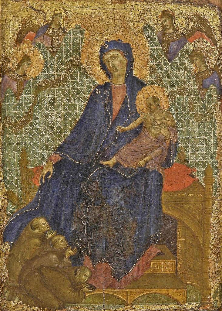 Duccio di Buoninsegna (documenté à partir de 1278-1318), La Vierge et l’Enfant avec trois Franciscains, dite Madone des Franciscains, vers 1285-1288. Tempera sur bois, 24 x 17 cm. Sienne, Pinacoteca nazionale. 