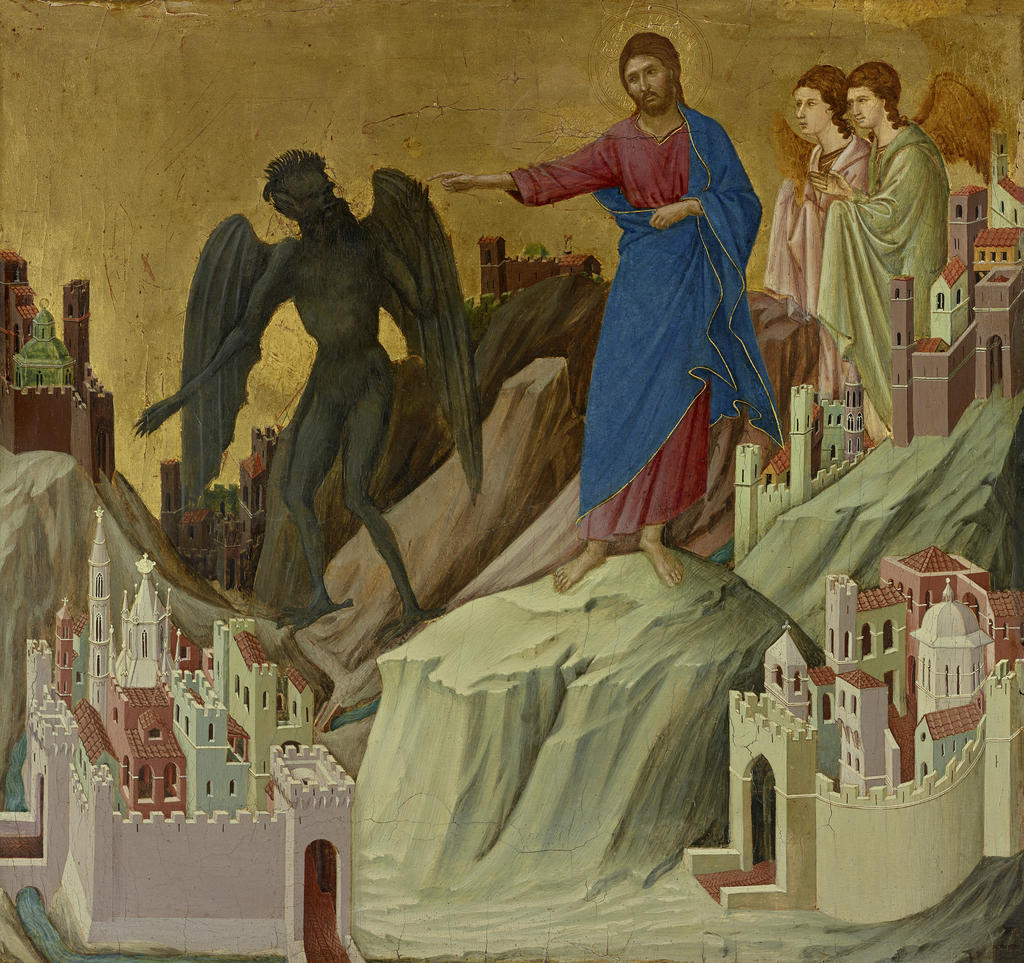 Duccio (actif à partir de 1278, mort en 1319), La Tentation du Christ, panneau provenant de la prédelle de la Maestà, 1308-1311. Tempera sur peuplier, 43,2 x 46 cm. New York, The Frick Collection.