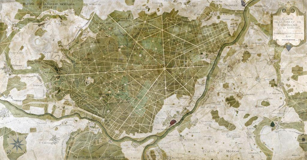 Joseph Ducy (géographe), François Roumier (sculpteur), Gaspard Marc Bardou (doreur), plateau de la table des chasses de Louis XV avec le plan du domaine de Compiègne, 1736. Chêne doré et stuc, 88 x 143,7 x 71,3 cm. Versailles, musée national des châteaux de Versailles et de Trianon.