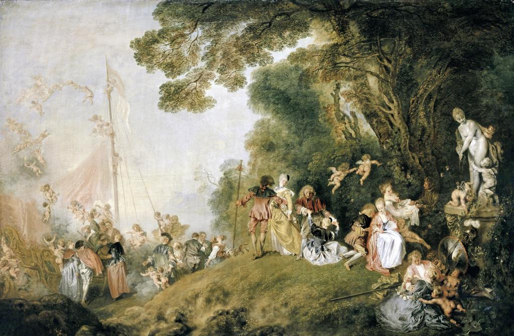 Antoine Watteau, L’Embarquement pour Cythère, vers 1718-19. Huile sur toile, 129 x 194 cm. Berlin, Stiftung Preussische Schlösser und Gärten Berlin-Brandenburg.