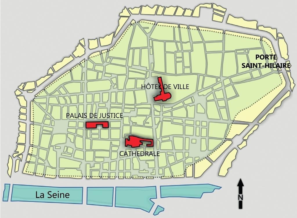 Emprise de la dernière enceinte de Rouen et localisation de la porte Saint-Hilaire.