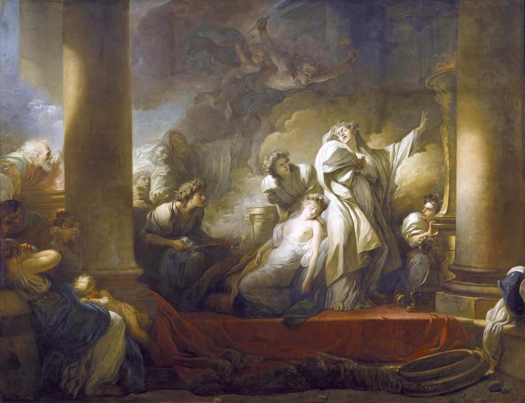 Jean-Honoré Fragonard, Le Grand Prêtre Corésus se sacrifie pour sauver Callirhoé, 1765. Huile sur toile, 309 x 400 cm. Paris, musée du Louvre.