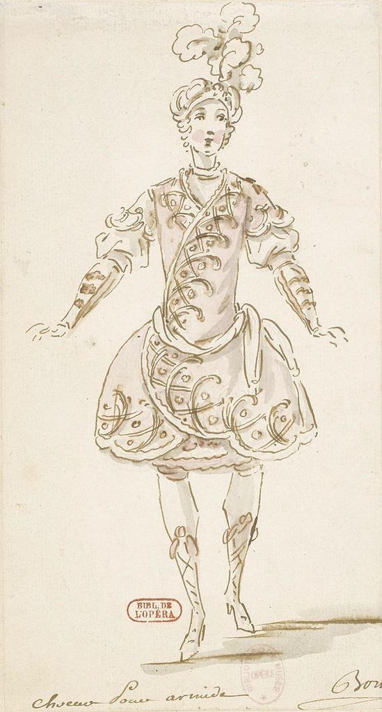 François Boucher, Projet de costume pour les chœurs d’« Armide », 1761. Encre et aquarelle sur papier, 22,7 x 12,2 cm. Paris, BnF, bibliothèque-musée de l’Opéra.