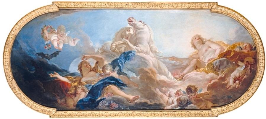François Boucher, Le Soleil chassant la nuit, 1737. Peinture sur toile. Fontainebleau, château de Fontainebleau, plafond de la salle du Conseil du roi.