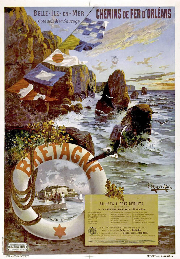 Frédéric Hugo d’Alési (1849-1906), Belle-Ile-en-Mer. Côte de la Mer Sauvage. Bretagne. Dolmen et menhirs, 1897. Imprimerie F. Hermet (Paris). Lithographie en couleurs, 105 x 75 cm. Paris, Bibliothèque nationale de France, département des Estampes et de la photographie. 
