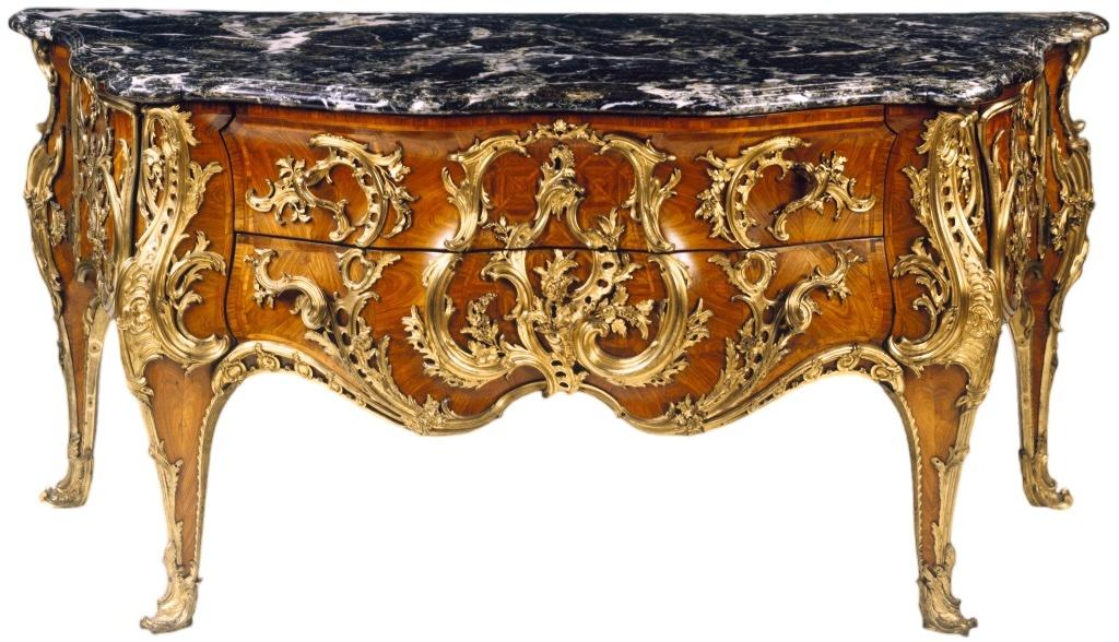 Antoine Robert Gaudreaus et Jacques Caffieri, commode, 1739. Bâti de chêne, placage de bois de violette et de férole, tiroirs et placards en acajou (?), intérieurs garnis de lin rouge, bronze doré, charnières en laiton doré, serrures en laiton, plateau en marbre serpentin vert, 88,8 x 195,5 x 80,6 cm. Londres, Wallace Collection.