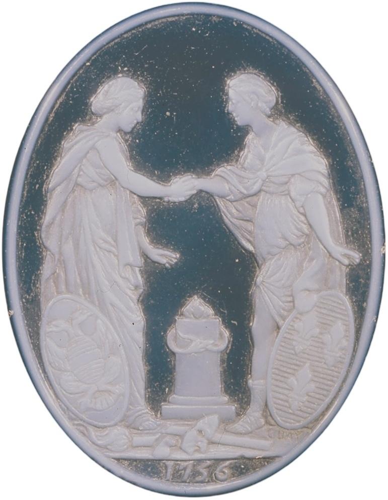 Jacques Guay, camée Alliance de la France et de l’Autriche, 1756. Sardonyx à deux couches, monture en argent et argent doré, 3,4 x 2,8 cm. Paris, Bibliothèque nationale de France.