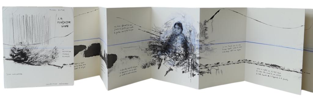 Michel Butor (1926-2016), La Mansarde vive, encres et résine de Jean Anguera (né en 1953), 2001. Rochegude, Éric Coisel, 2001, n.p., 30,2 x 24,7 cm, 6 ex. (coll. « Mémoires »).