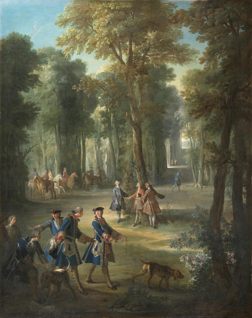 Jean-Baptiste Oudry, Louis XV tenant le limier, allant au bois au carrefour du Puits solitaire en forêt de Compiègne, 1739. Huile sur toile, 357 x 272 cm. Fontainebleau, château de Fontainebleau.