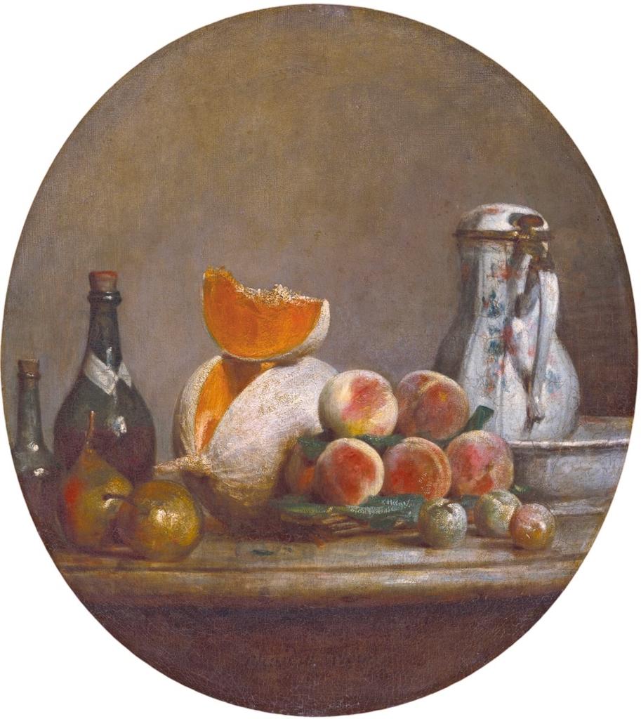 Jean Siméon Chardin, Le Melon entamé, daté 1760. Huile sur toile, 57 × 51,5 cm. Collection particulière.