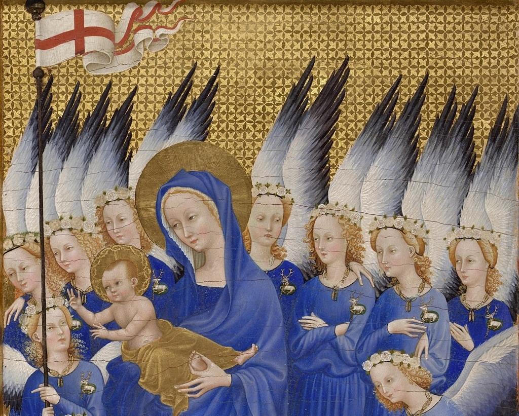 Maître du Diptyque de Wilton (anglais ou français), Richard II présenté à la Vierge et l'Enfant par son saint patron Jean-Baptiste et les saints Édouard et Edmond (détail du panneau intérieur droit), vers 1395-1399. Londres, The National Gallery.