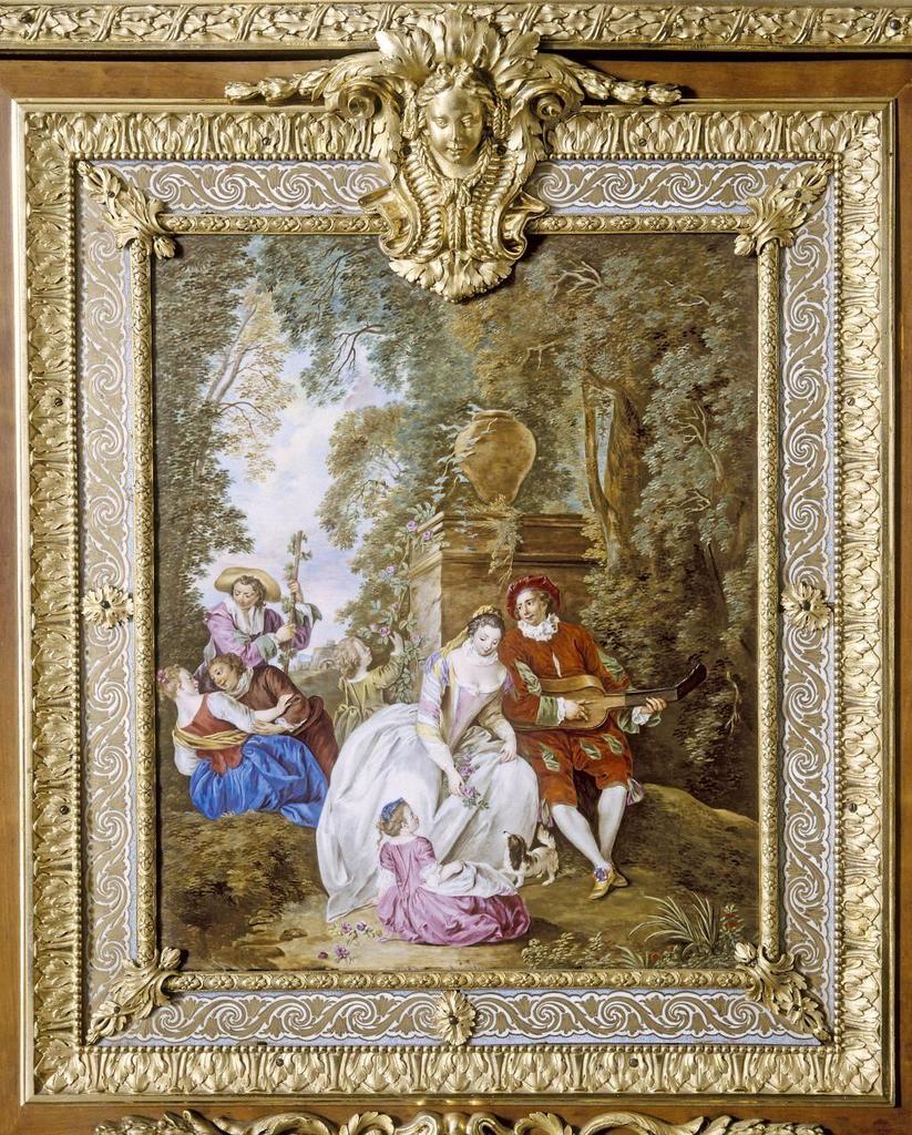 Manufacture royale de porcelaine de Sèvres, Martin Carlin et Charles Nicolas Dodin, commode à décor de plaques de porcelaine (détail), 1765 (plaques de porcelaine), 1772 (livraison). Bâti de chêne, placage de poirier, bois de rose et amarante, porcelaine tendre, bronze doré, marbre blanc, glaces de miroir, 82,5 x 119 x 48 cm. Paris, musée du Louvre.