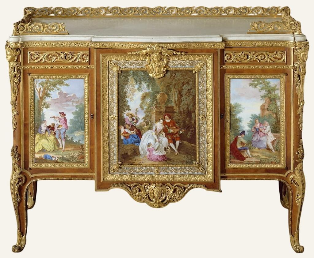 Manufacture royale de porcelaine de Sèvres, Martin Carlin et Charles Nicolas Dodin, commode à décor de plaques de porcelaine, 1765 (plaques de porcelaine), 1772 (livraison). Bâti de chêne, placage de poirier, bois de rose et amarante, porcelaine tendre, bronze doré, marbre blanc, glaces de miroir, 82,5 x 119 x 48 cm. Paris, musée du Louvre.