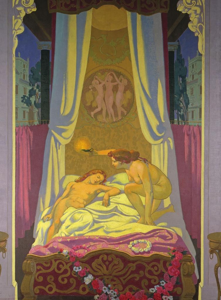 Maurice Denis, L’Histoire de Psyché, panneau troisième : Psyché découvre que son mystérieux amant est l’Amour, Paris, 1908-1909. Huile sur toile, 395 x 274,5 cm. Collection Ivan Morozov, 1908, commandé en juin 1907. Saint-Pétersbourg, musée d’État de l’Ermitage.